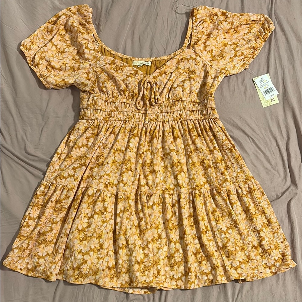 Floral Puff-Sleeve Mini Dress in Mustard Yellow